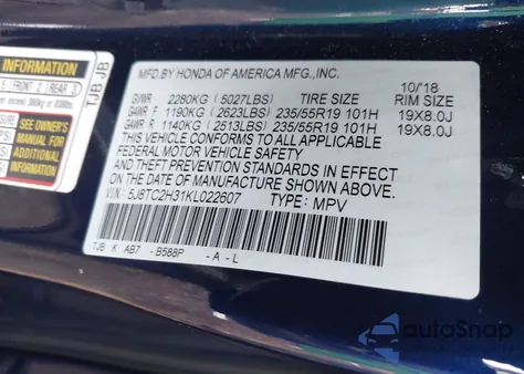 2019 Acura Rdx Standard z USA, uszkodzony, nr VIN 5J8TC2H31KL022607